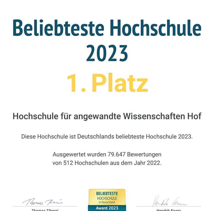 Award certificate from StudyCheck for Hof University as the most popular university in Germany in 2023