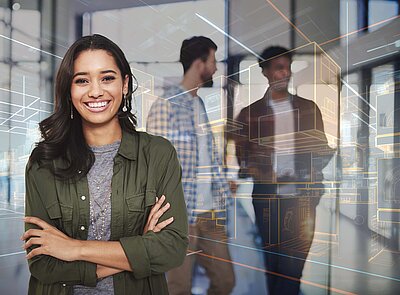 Happy young woman with a futuristic layout of a warehouse