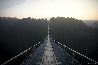 Eine Brücke führt über bewaldete Landschaft hinweg